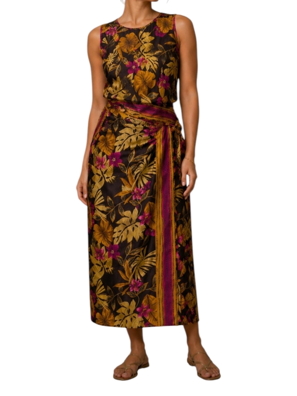 RAFAEL Vintage Bali Hai Brown/Gold/Magenta Floral Silk 3Pcs Set Size 10/12
